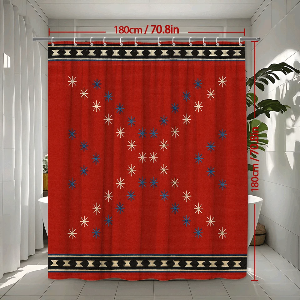 Red Embroidered Shower Curtain with Blue and Cream Stars - Image 3 of 4