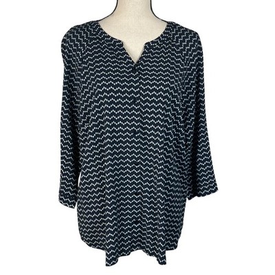 Christopher & Banks X-Large Top Button-Up 3/4 Sleeve V-Neck Chevron Navy Blue
