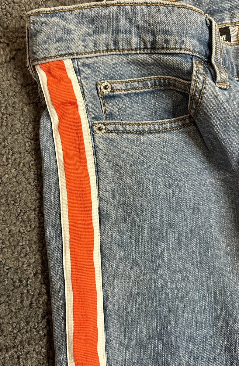 Blue jeans with orange best sale stripe