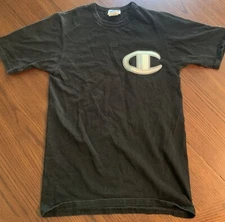 Vtg CHAMPION T-Shirt Black  Mens Small SILVER EMBROIDERED BIG C LOGO