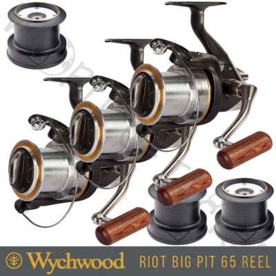 3 x Wychwood Riot 65 Big Pit Rolle Karpfenangeln + Ersatz Graphitspulen