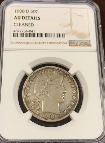 1908 D Barber Half NGC AU Details Cleaned Great Color Sharp Details!