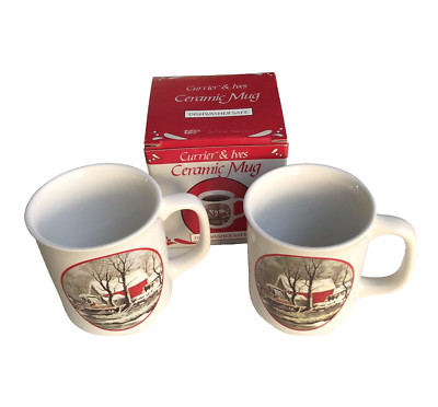 Lot of 2 Vtg Currier & Ives 10 oz Coffee Mugs Christmas Millstream 1 w Box NOS