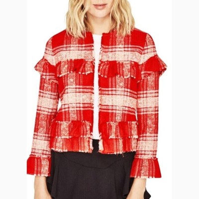 Veste ZARA 2017 En Tweed Rouge à Franges - Taille S (UK 8) - Neuf Avec étiquettes