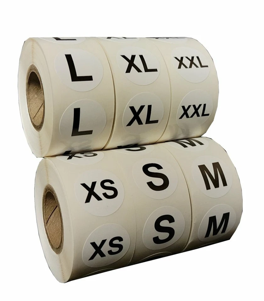 SAGA SELECTION White Circle Clothing Size Stickers 500/Roll Sizes XS TO XXL - Size Label Dots