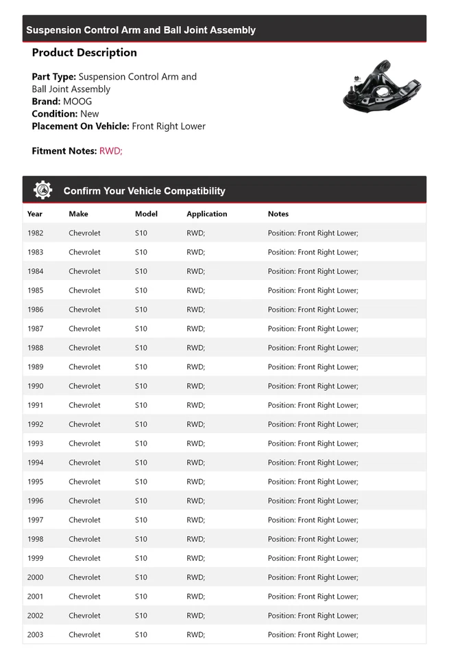Brazo de control delantero derecho inferior MOOG 1982-2003 para Chevrolet S10 tracción trasera 1982 1983 Foto 2 de 4