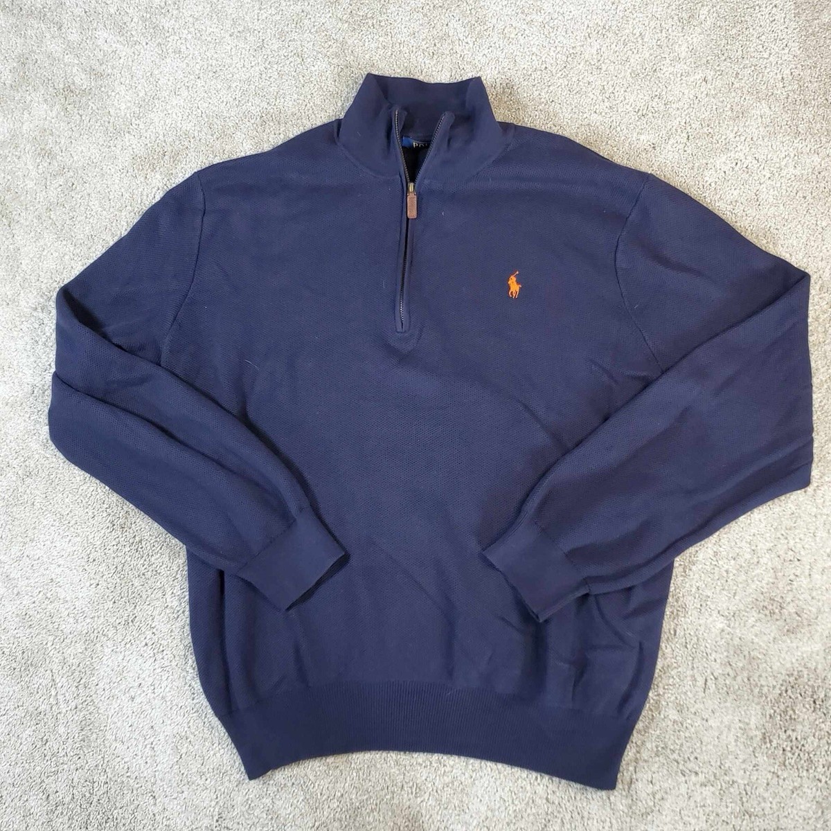 Polo Ralph Lauren Pima Sweater Mens 2XL Navy Blue Orange Pony 1/4