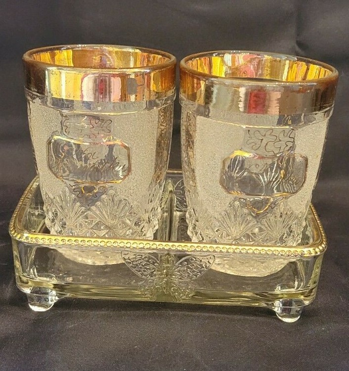 Pair of Antique Czech Gilded Drinking Glasses w/ Footed Tray - Na Pamatku