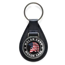 Molon Labe Round USA Flag Black Leather Keychain Silver Keyring Military