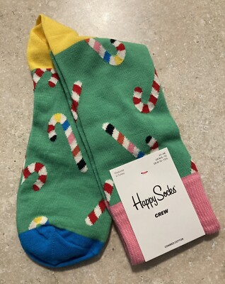 Happy Socks Unisex M8-12 W 10-12.5 Multicolor Holiday Candy Cane Crew Socks New