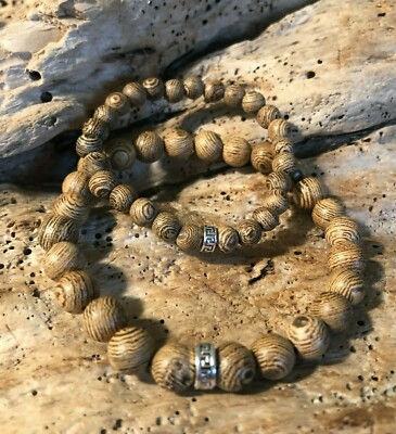 Daddy & Me Bracelets, Sandalwood Beads Tiger Grain Natural Wood, Silver Beads