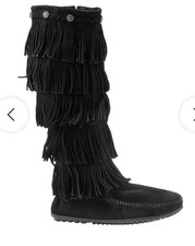 Minnetonka Women's Moccasins Boots, Size 11 Black, Suede, 5-Layer Fringe