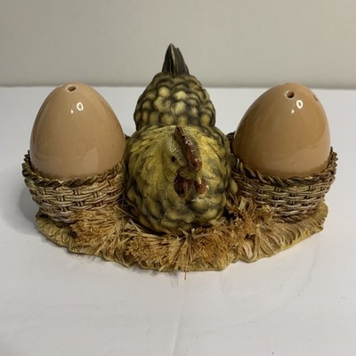 Ceramic Egg Shaped Salt & Pepper Shakers With Nesting Hen Chicken Holder Resin