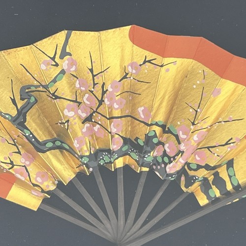 Vintage Framed Gold Floral Asian Folding Fan Hand Painted Cherry Blossoms 8.5" w - Picture 3 of 16