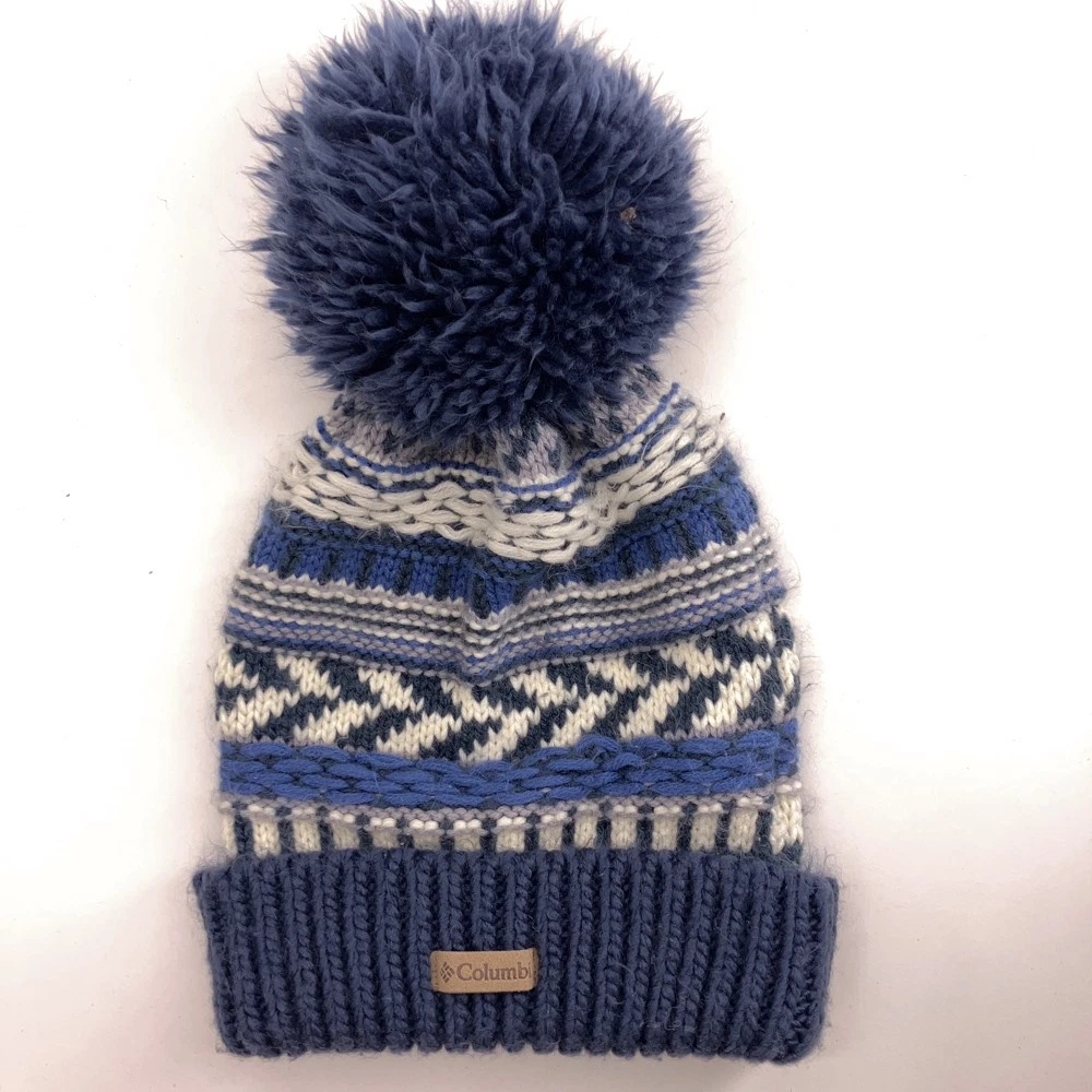 Light blue gray pattern knit tall pom-pom winter hat