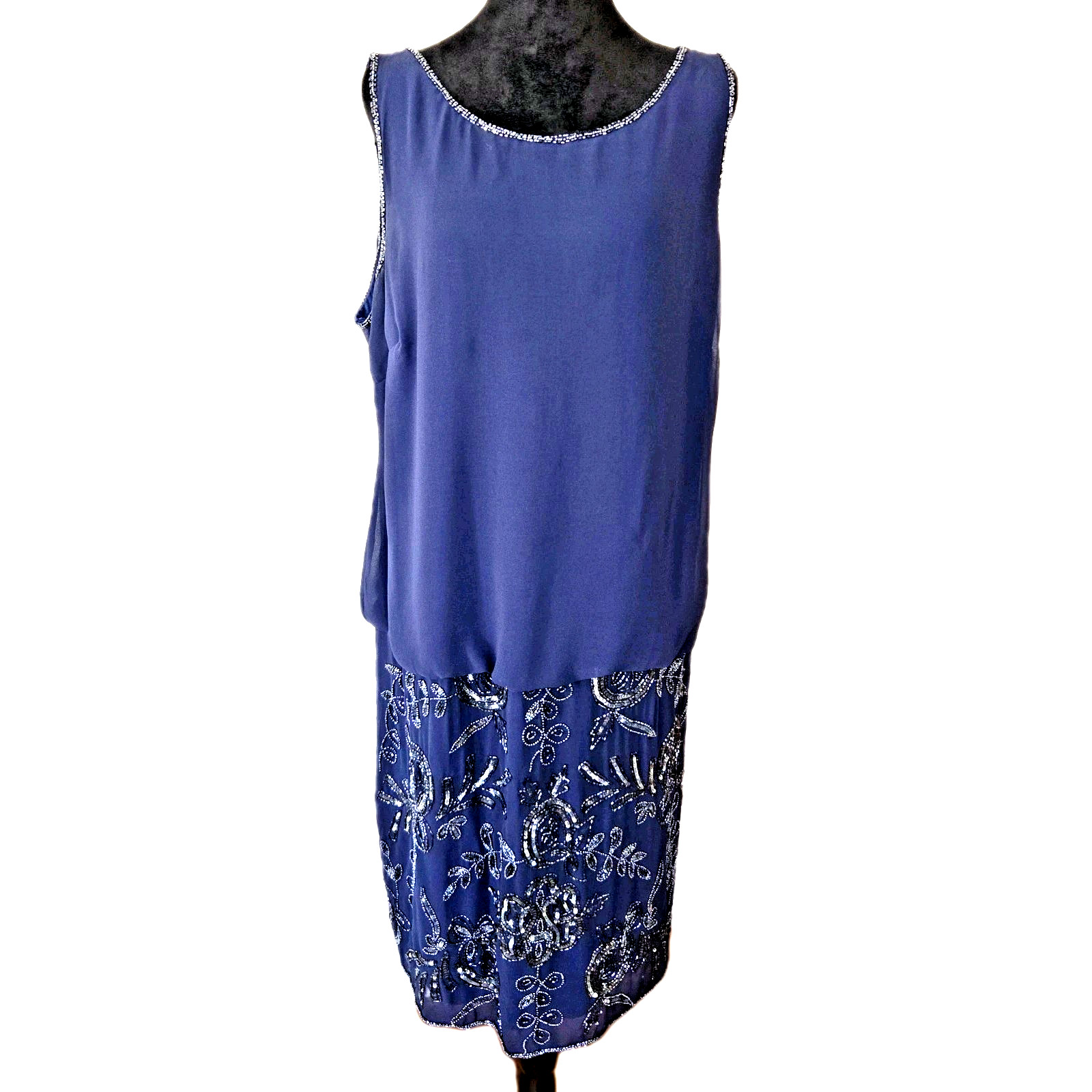 Adrianna Papell Evening Navy Sheer Beaded Blouson Cocktail Dress Size 14W