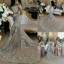 Mermaid High Neck Wedding Dresses Lace Applique Long Sleeve Bridal Gowns