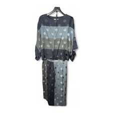 Vintage 80s Frank Masandrea Silk Batwing Top Long Skirt Set Polka Dot Gray 10