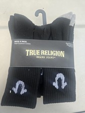 True Religion 6 Pack Cushion Socks Black w/ Name Logo
