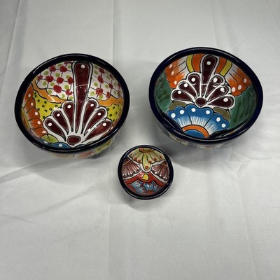 Mexican Talavera Pottery Hand Painted Dip Salsa Bowl Are Cruz Alba Folk Art