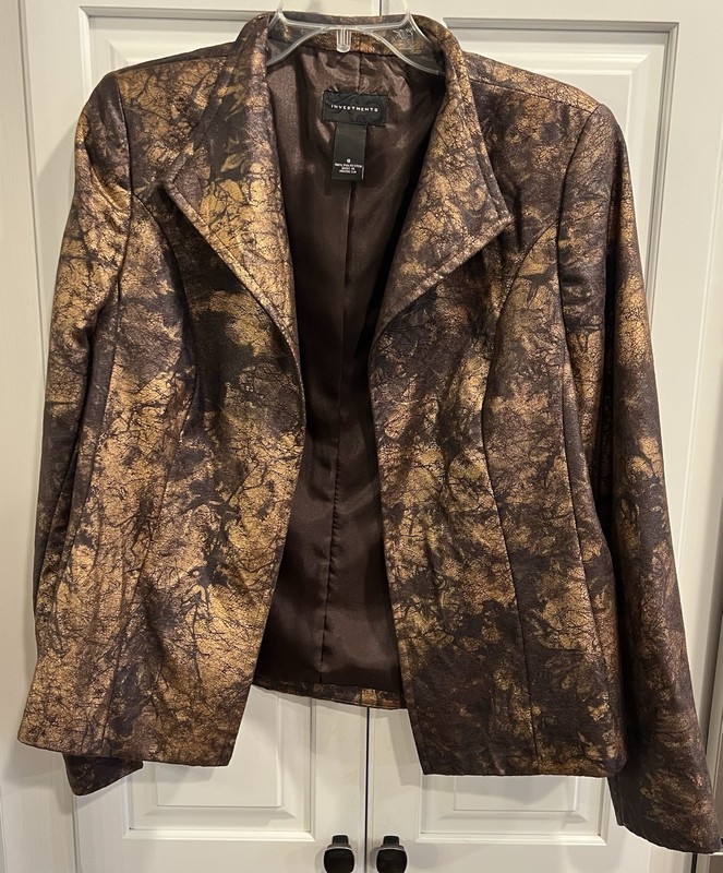 Investments Womens Open Blazer Distressed Bronze Gold Metallic Sz 8
