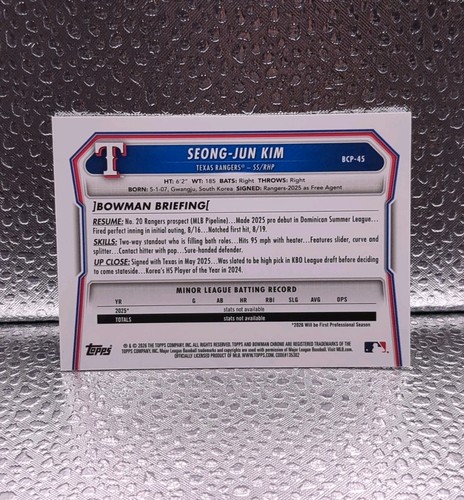 Seong-Jun Kim 2026 Bowman Chrome 1st Bowman Base Set #BCP-45 Rangers Prospect - Picture 2 of 2