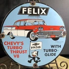 VINTAGE 1958 DATED CHEVROLET CHEVY FELIX 10” PORCELAIN GAS OIL PUMP PLATE  SIGN