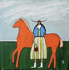 Painting Original Woman Horse Portrait Canvas Outsider Whimsical 10x10 Art 