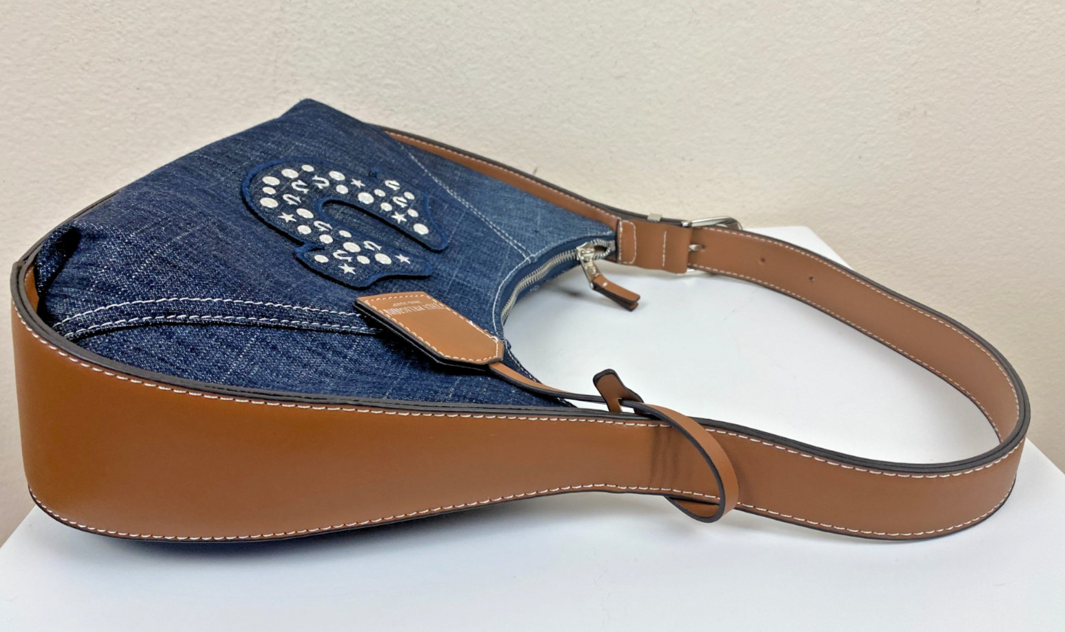 New TRUE RELIGION Blue Denim Raised Horseshoe Hobo Shoulder Bag Studds 14" x 9" thumbnail 15