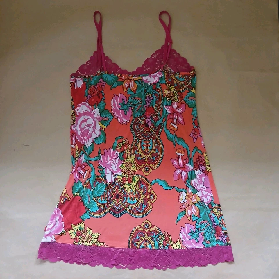 Josie Natori Orange & Pink Lace Trim Floral Slip Dress Medium Sexy Nightie - Image 2 of 4