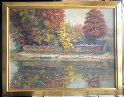 ::G. WALTER 1930 OIL PAINTING AUTUMN BANKS RIVER LANDSCAPE PARK FRAME WATERS