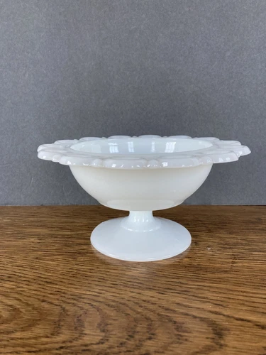 VTG Anchor Hocking Milk Glass Lace Edge 7" Diameter Pedestal Compote Bowl MINT