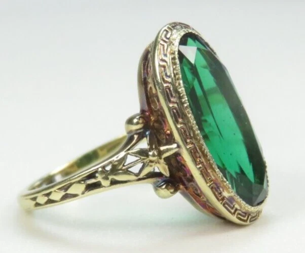 Antique 1920's Green Stone 13KY Gold Ring Size 6 UK-L1/2 5.33 CT Art Deco - Image 3 of 4