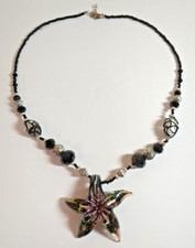 Hand Blown Glass Starfish Pendant Lampwork  Black Faceted Beaded Necklace NEW