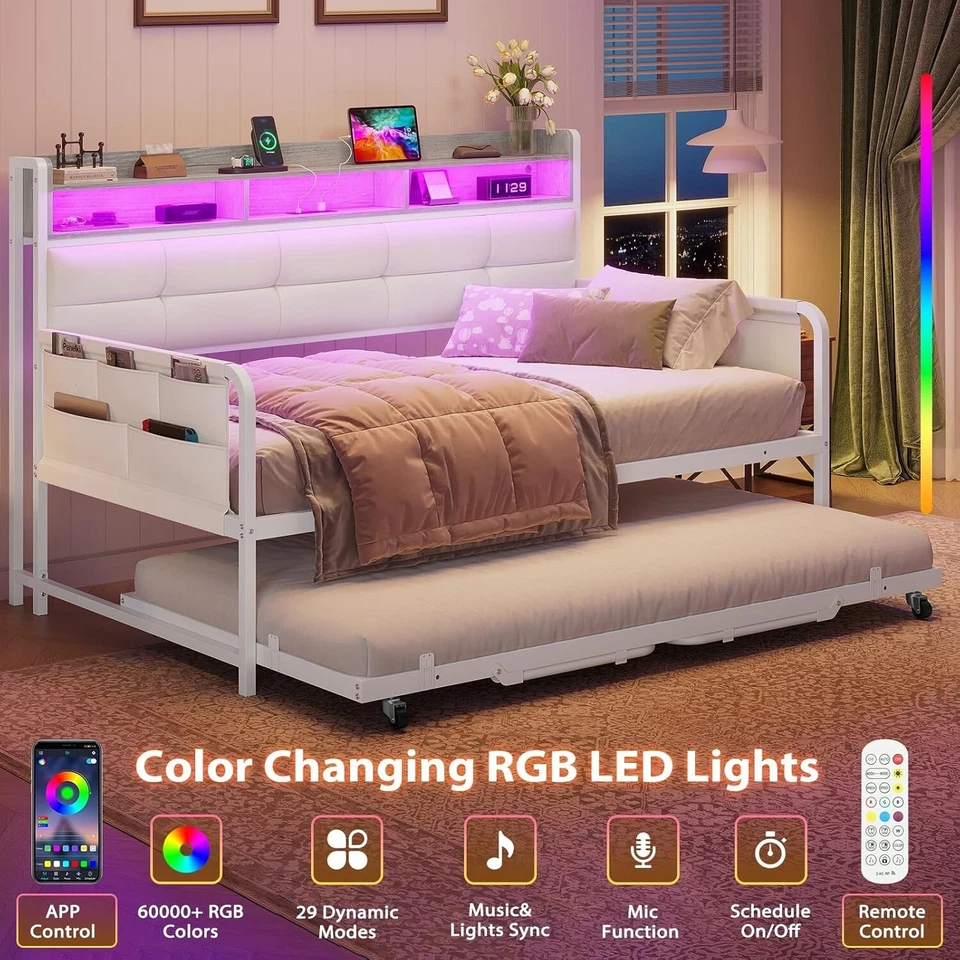 Twin Daybed with Trundle with Upholstered Headboard, LED Lights Metal Bed Frame - Image 3 of 4