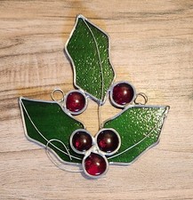 Vintage Leaded Stained Glass Holly  Berries Window Sun Catcher Christmas