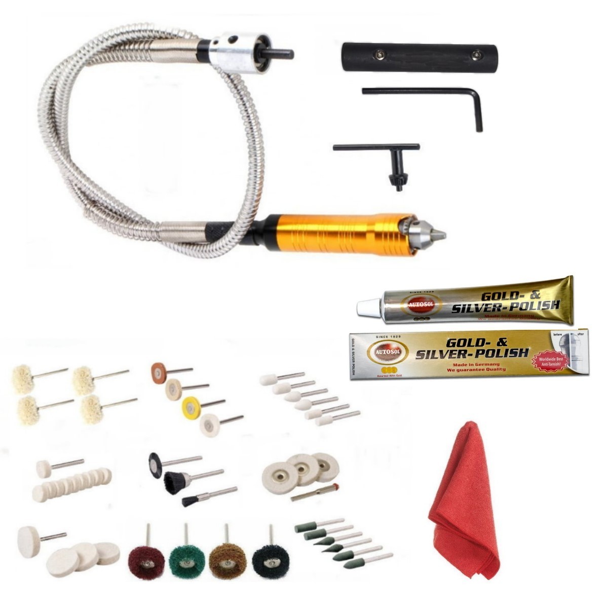 Mini Bench Grinder Polisher Jewellery Polishing Kit Flexi Drive Shaft + Autosol