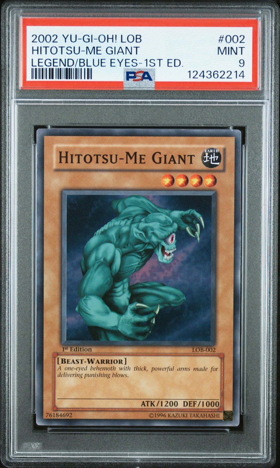 2002 YU-GI-OH! LOB-LEGEND OF BLUE EYES WHITE DRAGON #002 HITOTSU-ME GIANT PSA 9