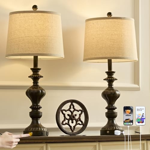 27.5" Farmhouse Table Lamps Set of 2 Bedside Lamp with USB C+A Ports & AC