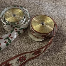 2 Wire-Edged Christmas Holiday Holly Ribbon 2.5" And Poinsettia Used