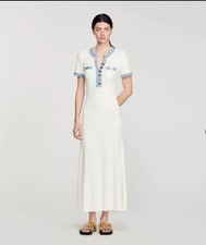 Sandro White Knit Long Dress Blue Trim Button...