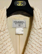 CHANEL Vintage 90s 98P Tweed Jacket White Silk Wool CC Logo Buttons Size 38