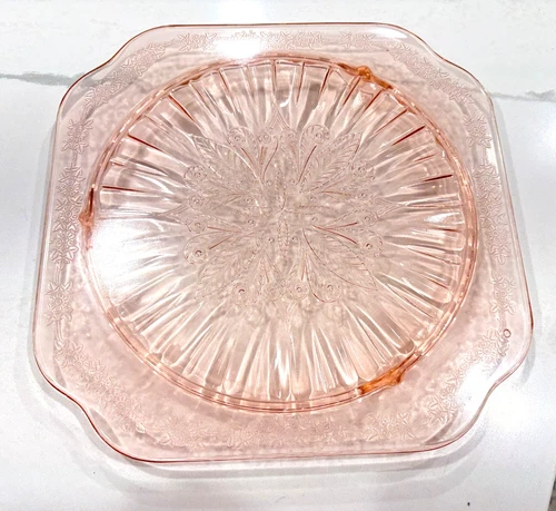 Vintage 1930s Jeanette Depression Glass ADAM Pink Square Footed 9.75" Cake Plate