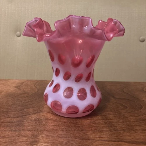 Fenton Glass Vase Cranberry Pink Glass Coin Dot Ruffled  Vase. Vintage