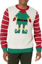 Ugly Christmas Sweater Mens Elf Body Costume Knit Jumper Red Stripe Sleeves