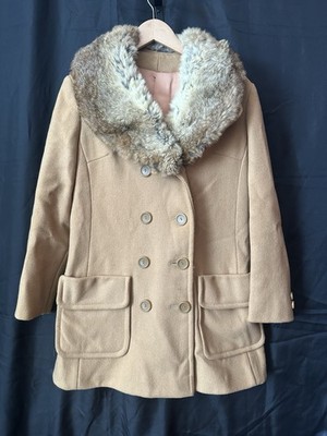 VTG 60s 70s Wool Fur Collar Penny Lane Coat Jacket Camel Pockets