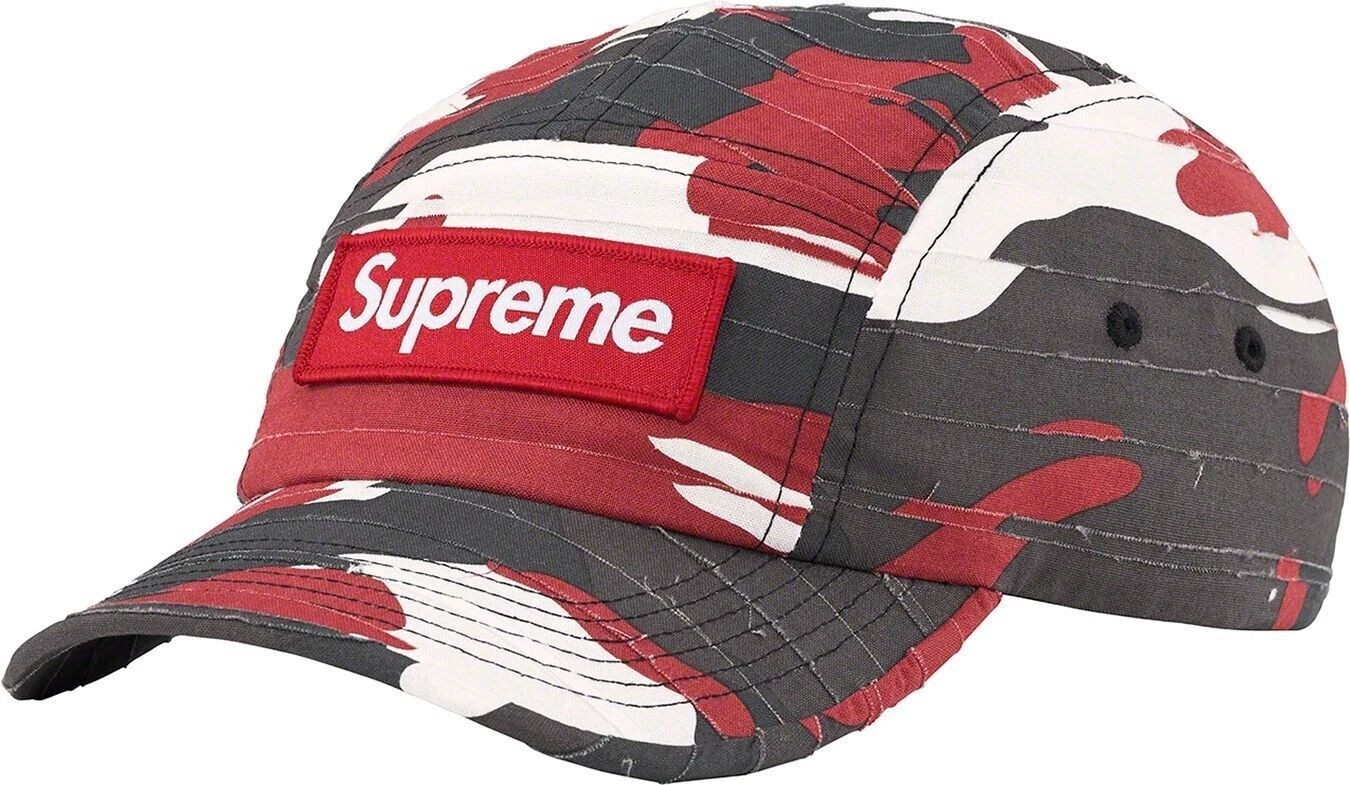 Casquette de camp camouflage coupe superposée suprême ROUGE SS23 LOGO BOÎTE NEUF SANS ÉTIQUETTE