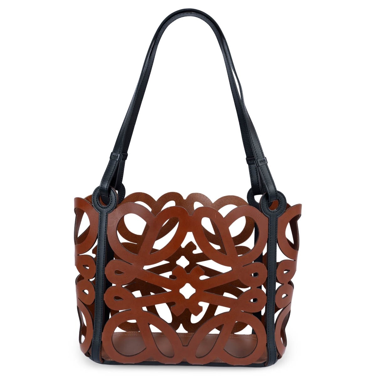 69222 auth LOEWE cognac brown & black leather ANAGRAM SMALL CUT 