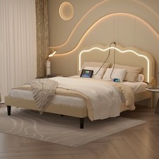 LED Light Queen Full Twin Size Bed Frame Charging Station Headboard Platform