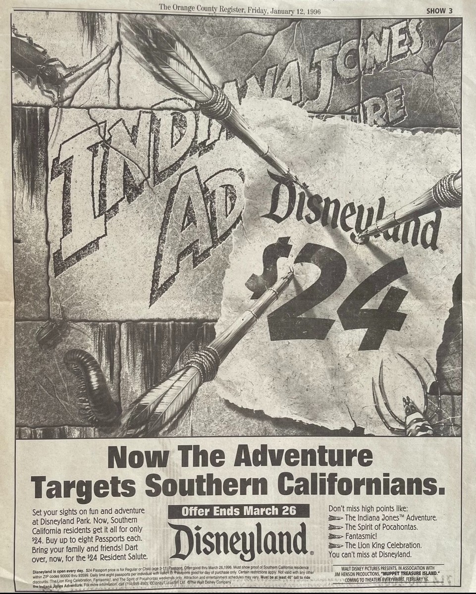 DISNEYLAND 1996 INDIANA JONES ADVENTURE Attraction $ 24.00 for